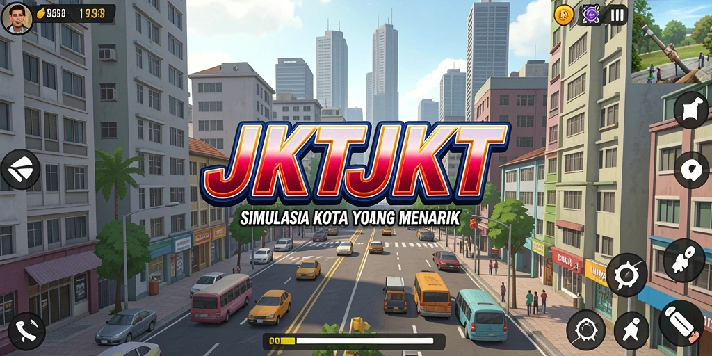 Screenshot gameplay JKTJKT dengan bangunan kota yang indah dan interaksi pemain.