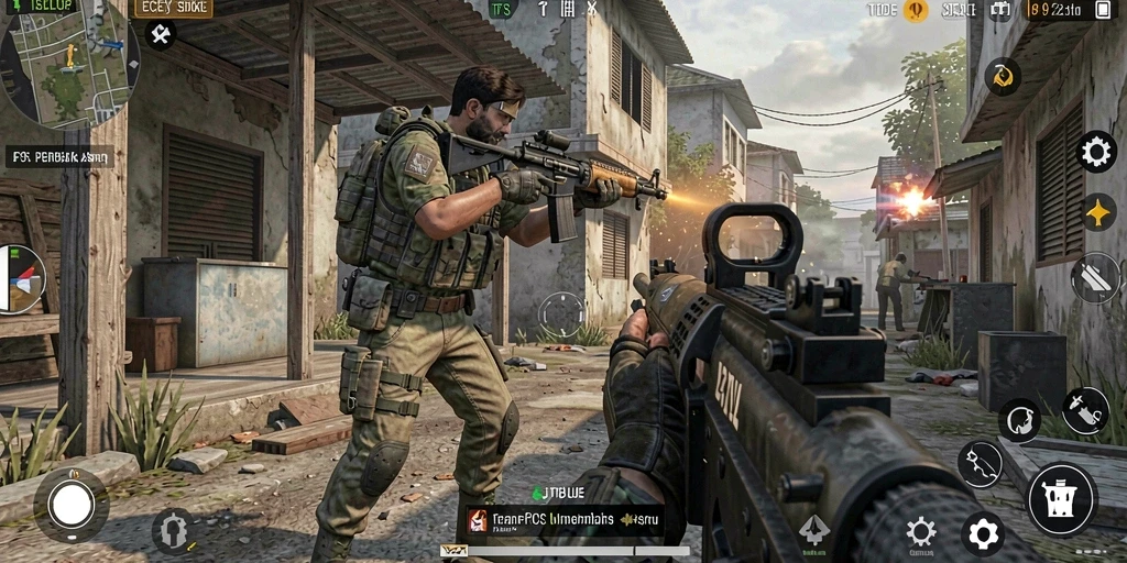 Screenshot JTBLUE menampilkan aksi intens dalam pertempuran FPS.
