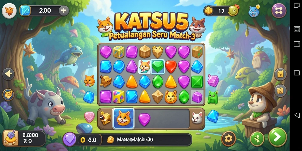 Tampilan gameplay seru dalam KATSU5 saat mencocokkan item.