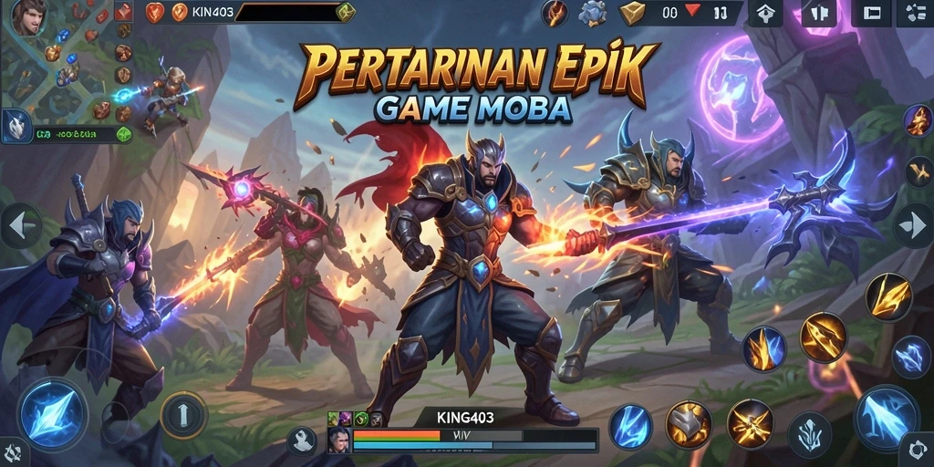 Screenshot KING403 menampilkan aksi pertempuran MOBA yang mendebarkan.