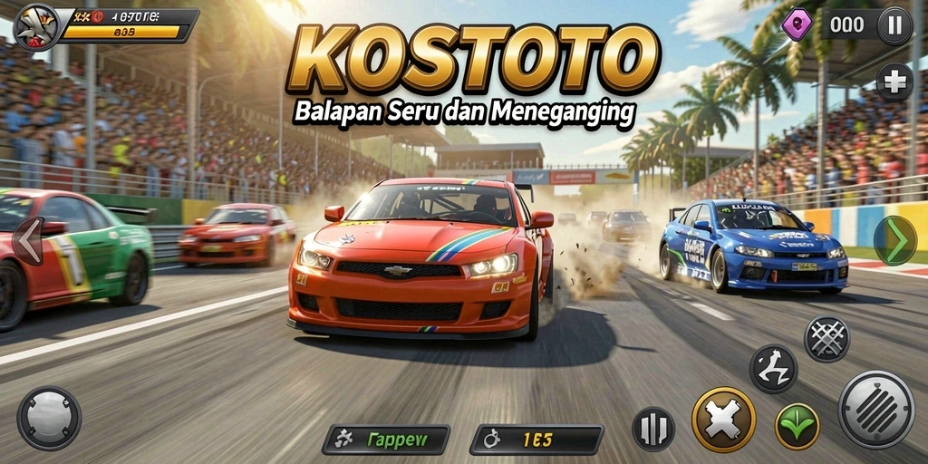 Tangkapan layar KOSTOTO menampilkan aksi balapan yang mendebarkan dengan mobil melaju kencang.