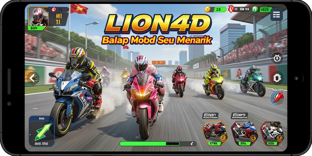 Gameplay LION4D menampilkan balapan motor yang mendebarkan dan penuh aksi.