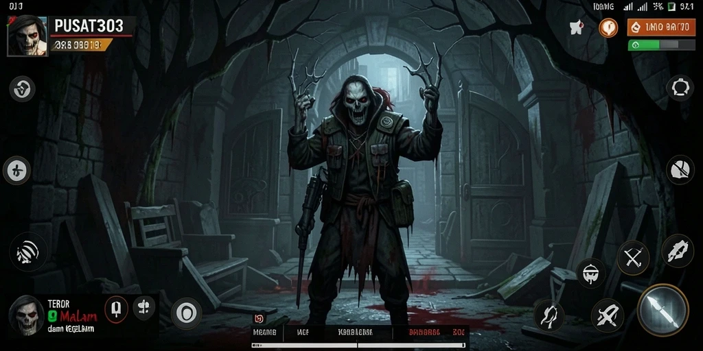 Gameplay PUSAT303 menampilkan suasana menakutkan dan misterius.