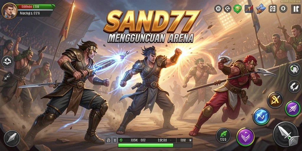 Tangkapan layar SAND77 menampilkan pertarungan intens di arena.