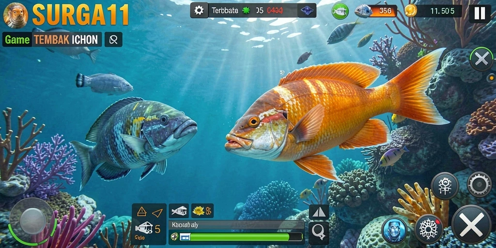 Screenshot dari gameplay SURGA11 yang menunjukkan aksi tembak ikan.