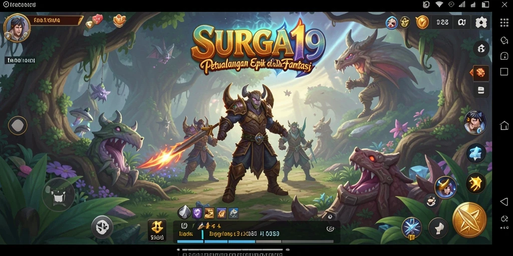 Screenshot gameplay SURGA19 dengan pertarungan epik di dunia fantasi.